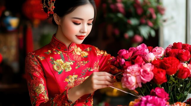 A woman in a red floral dress arranges a vibrant bouquet of pink and red roses against a soft, warm backdrop.