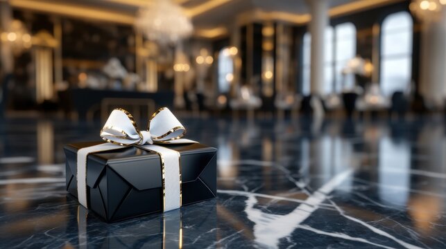 A sleek black gift box with a white and gold ribbon rests on a polished marble surface in a softly lit room with large windows.
