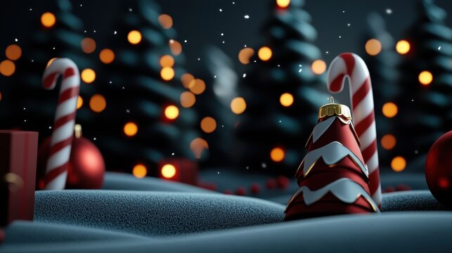 A cozy winter scene featuring candy canes, Christmas tree ornaments, and a snowy landscape illuminated by warm bokeh lights and falling snowflakes.
