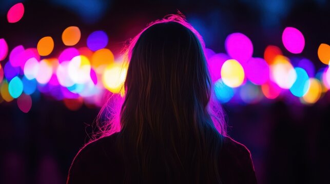 A person with long hair stands with their back to the camera, surrounded by vibrant, colorful lights that create a glowing, dreamy atmosphere.