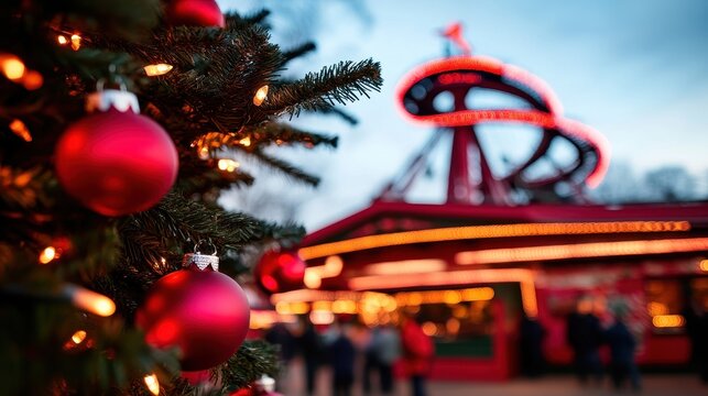 A close-up of a Christmas tree adorned with red ornaments and lights, with a brightly lit amusement park ride blurred in the background.