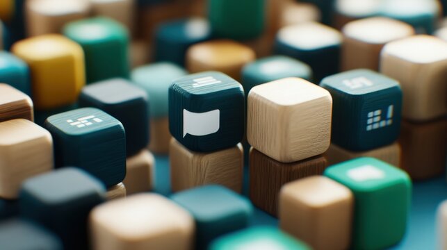 Close-up of colorful wooden cubes stacked together, featuring abstract icons like speech bubbles and digital symbols in teal, brown, and natural wood tones.