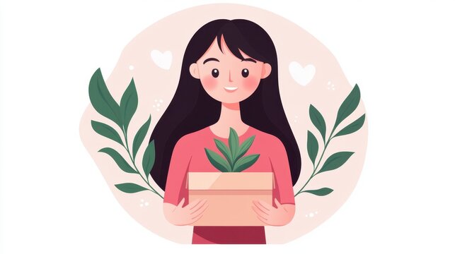 A smiling woman with long black hair holds a box with a green plant, surrounded by leafy branches and heart shapes against a soft pink background.