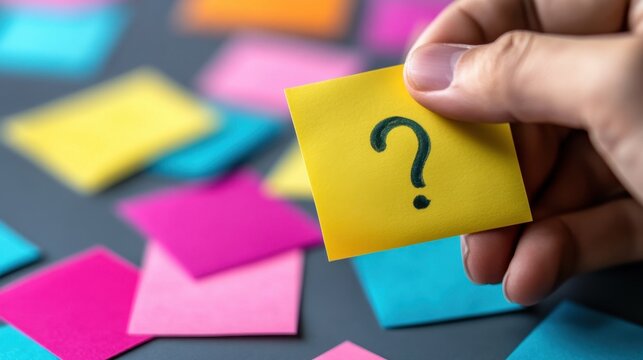 A hand holds a yellow sticky note with a question mark, surrounded by colorful sticky notes on a dark background.