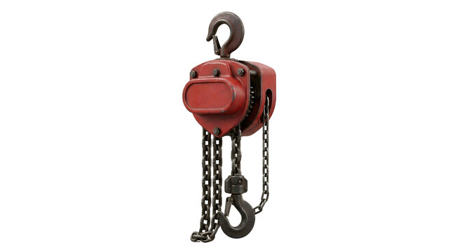Red chain hoist for heavy lifting on a white background.