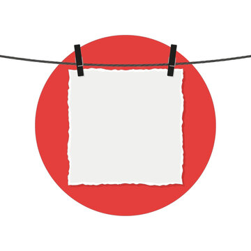 Minimalist Blank Paper Note Hanging on Clothesline with Red Circle Background, Copy Space and Design Space, Flexible Layout