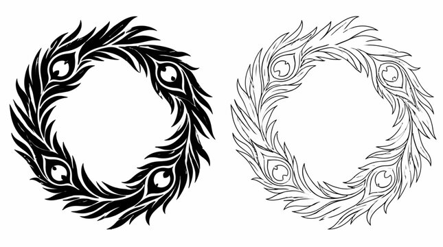 Peacock Feather Wreath Illustration in Solid and Line Art Styles