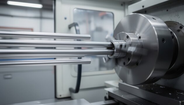 Dynamic medium shot of tubular metal stock fed by automatic bar feeder into a turning center showcasing seamless workflow in automated production line.