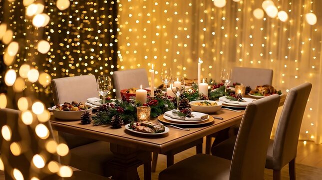 Festive holiday dinner table setting with warm bokeh lights and candlelight