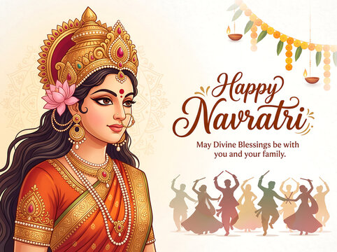 Horizontal festive banner featuring a stylized half-portrait of Goddess Durga with traditional Gujarati toran and lamp border on pure white background