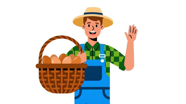 Farmer carrying basket full of fresh eggs, waving hello, animation, concept of organic farming, healthy food, and rural life