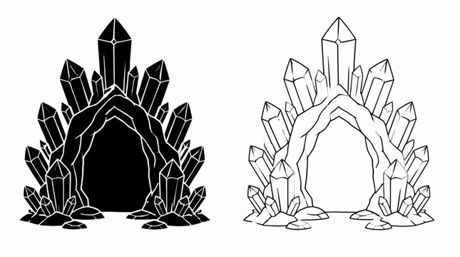 Crystal Cave Entrance Silhouette and Line Art Illustration