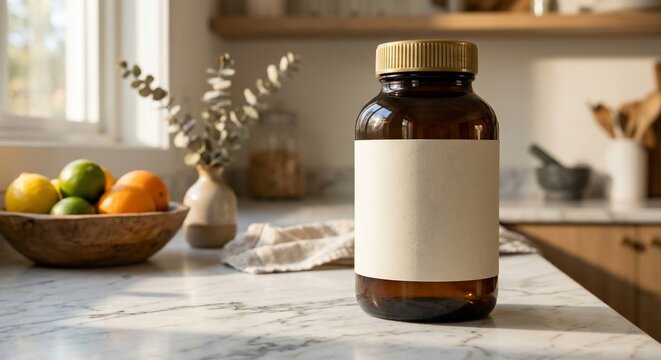 Empty amber supplement bottle with blank label on a modern kitchen counter