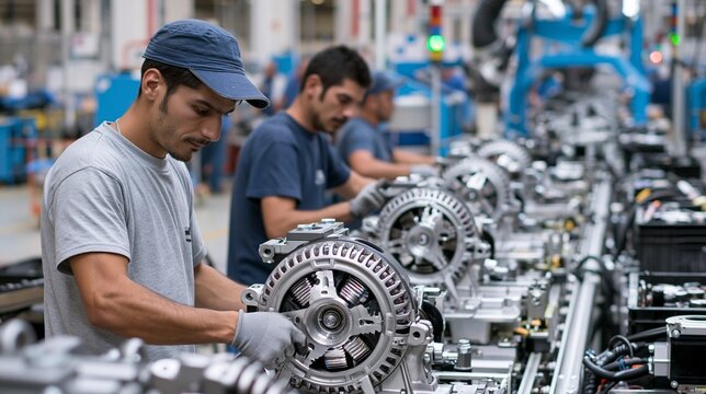 Medium shot of skilled workers assembling standard output alternators on a hightech production line focusing on precise mechanical fit and quality control.