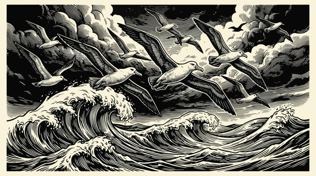 Ocean Wave Overwhelming Crowd Vintage Engraving Vector Illustration.