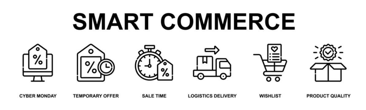 Smart Commerce Banner Web Outline Icon Vector Illustration Concept for Business with Icons of cyber monday, temporary offer, sale time, logistics delivery, wishlist, product quality