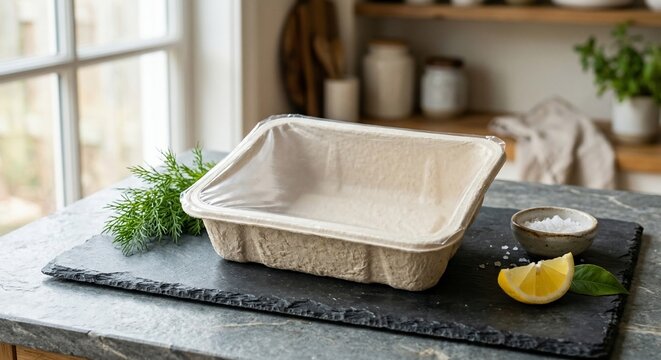 Empty biodegradable food container with plastic film lid on kitchen table