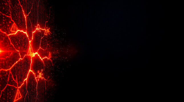 Red cracked breach wall left dissolving clean dark charcoal right copy zone, breach alert