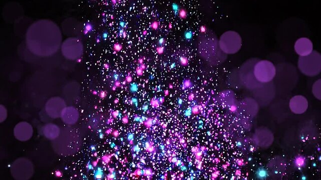 Abstract background with glowing pink and blue particles, bokeh lights, and magical shimmering dust effect on black background