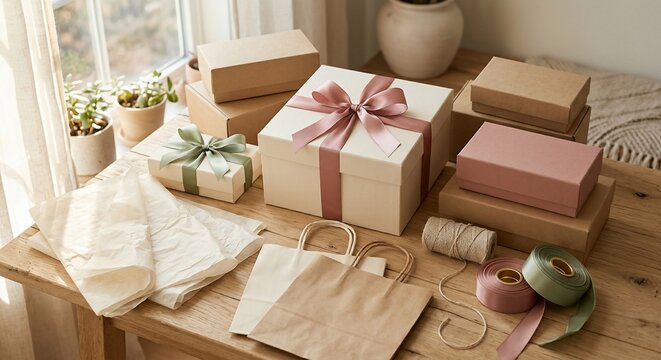 Gift boxes wrapped with ribbon and paper bags on a wooden table desk