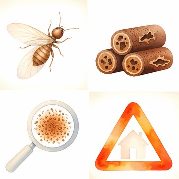 Four panels depicting a winged termite hollowed wood logs granular debris viewed under a magnifying glass and a houseshaped warning sign