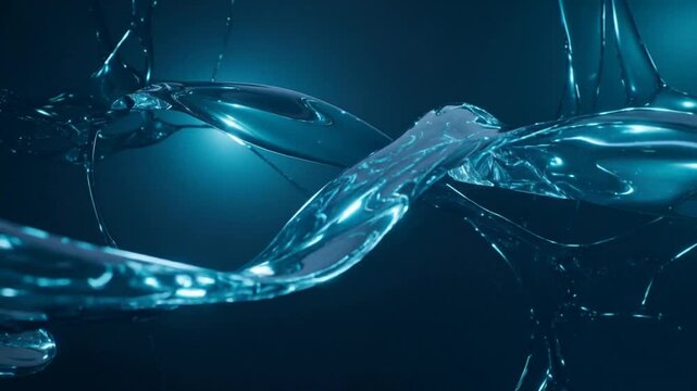Moving glassy ribbon reacting to rim light in teal studio, swelling and forming beads and filaments