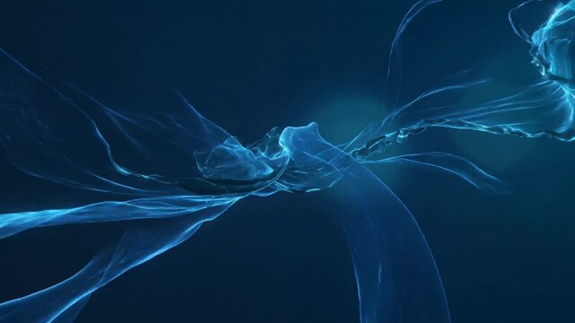 Entering from left, luminous ribbon network curling joining branching in deep void forming bulb