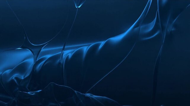 Stretching translucent membrane sagging from filament pull at deep blue gradient, glossy sheen