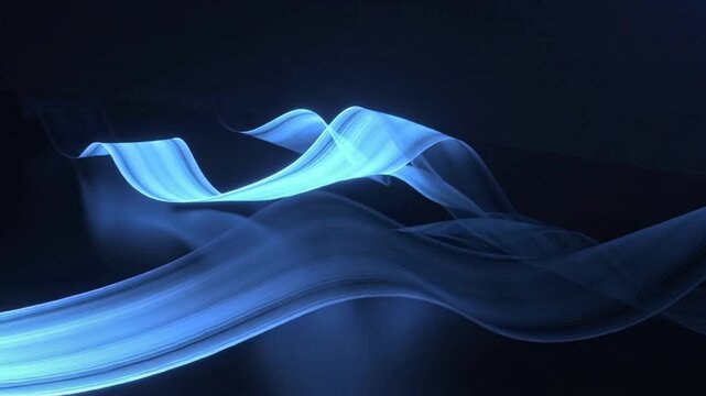 Entering from left, blue ribbons streaking, twisting across dark plane, forming sweeping waves