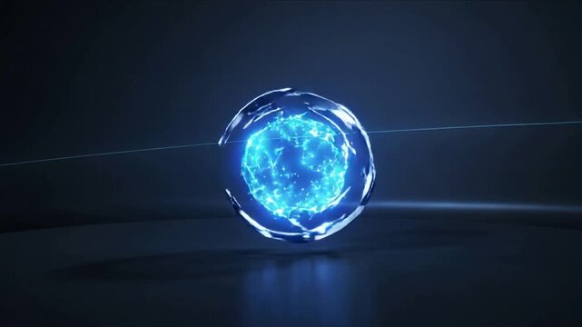Starting glowing blue core forming, shell panels settling, thin light slicing stage reflection