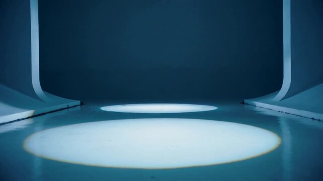 Appearing single circular pool, larger pool moving forward on glossy floor in arches for visuals