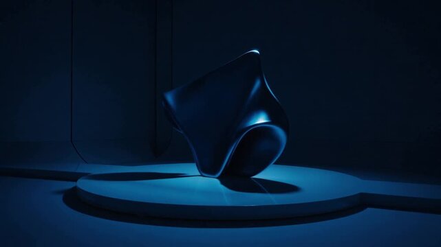 Motor engaging, rotating amorphous blue sculpture on pedestal under spotlights to reveal cavity