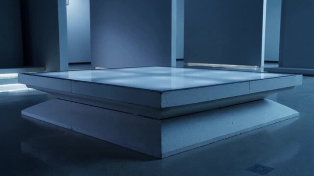 Motor lifting top panel lit square platform revealing base in gallery with LED strip lighting