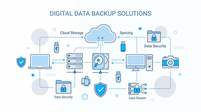 Digital data backup solutions infographic. Cloud storage and network security system diagram.
