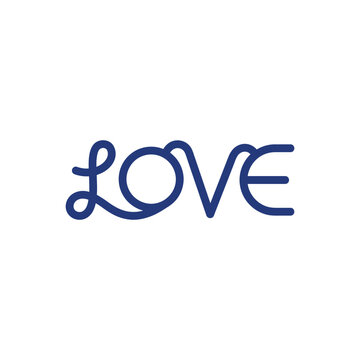 Stylized blue word LOVE in cursive, minimalist typography, simple design element for romantic themes