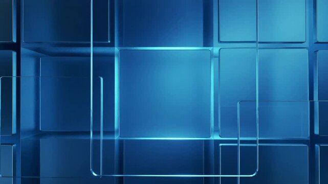 Brightening central tile initiating blue glass grid revealing floating panels and rising rods in 3D