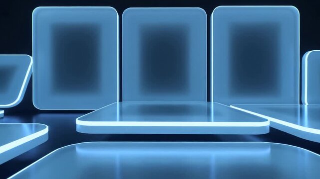 Light pulsing, three slabs lifting and aligning over base on gloss floor for symmetry, cyan rims