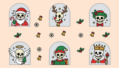 Christmas skull characters set. Festive holiday icons with Santa and reindeer in flat style. © brudaler46