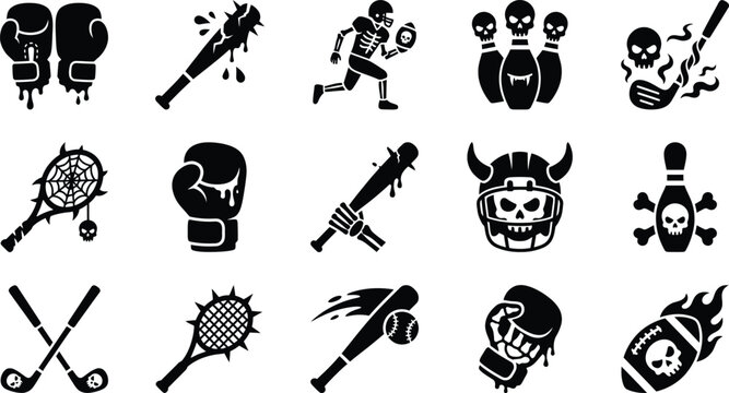 Collection of skull-themed sports icons including boxing gloves, baseball bat, and bowling.