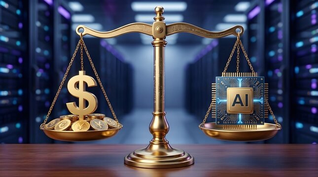 Balance scale weighing money and in a futuristic server room environment