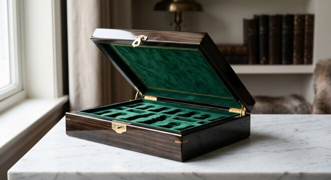 Open Empty Luxury Wooden Watch Box with Green Velvet Lining on Marble Table
