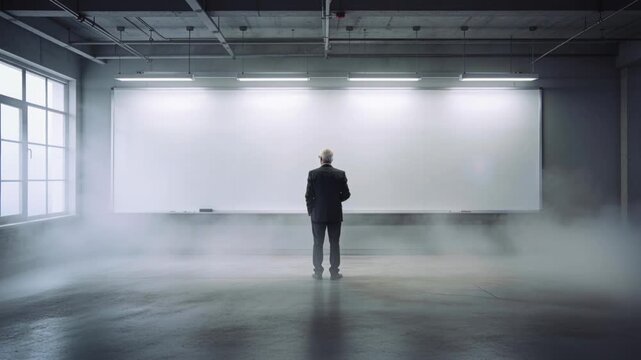 Standing man in dark suit preparing talk at studio whiteboard, recording starting, mist rising