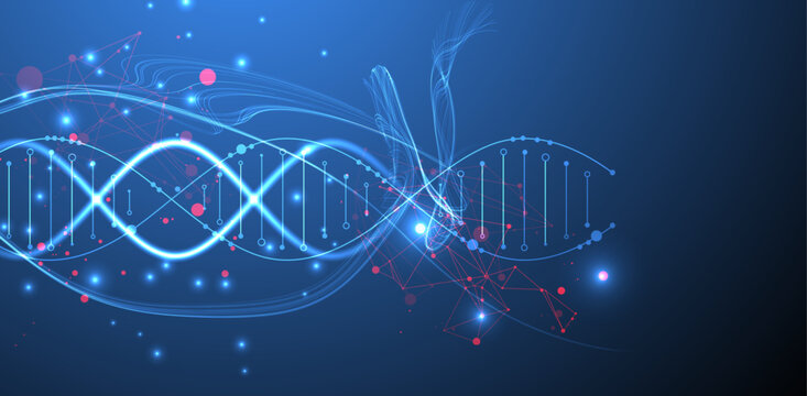 Futuristic biotechnology background with a glowing neon DNA. Vector