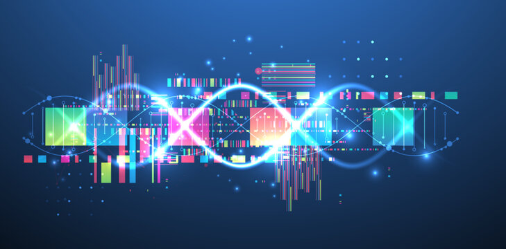 Futuristic digital DNA background with neon molecule structure. Vector