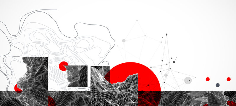 Abstract wireframe graphic background with red circles black geometric shapes and wave lines. Vector