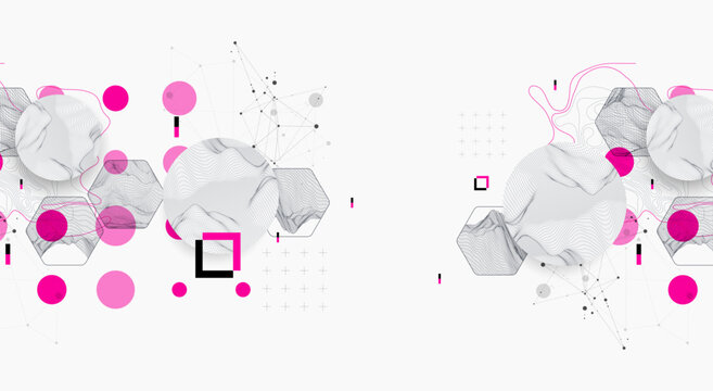 Science research visualization vector with structure models and purple elements. Wireframe art.