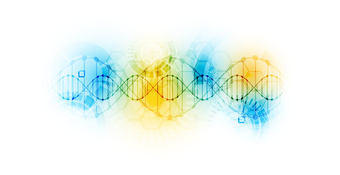 Abstract biotechnology background with DNA double helix molecule and hexagonal patterns on a white background.