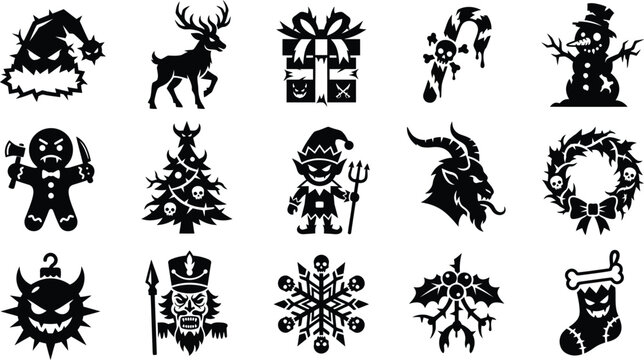 Set of black silhouettes of scary christmas characters, evil elves, and creepy decor.