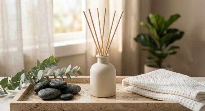 Reed diffuser with sticks in ceramic bottle for spa aromatherapy at home