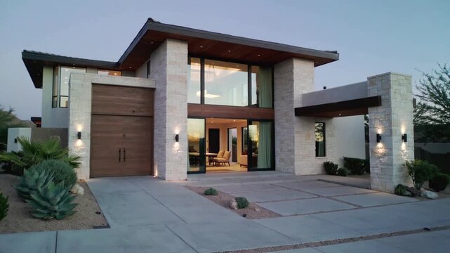 Camera recording starting, sliding forward to reveal modern home at dusk, wood garage door, windows
